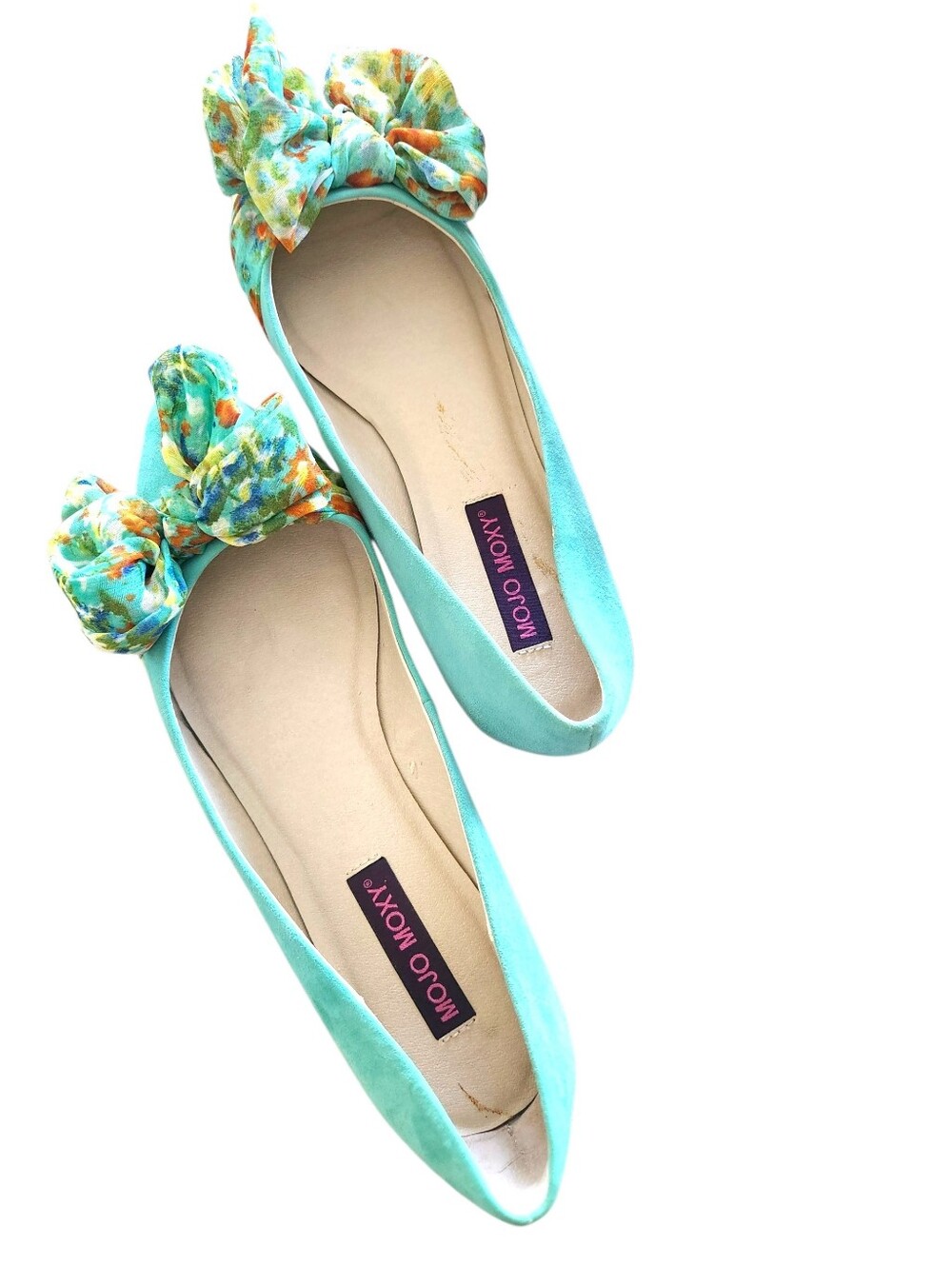 Mojo Moxy Vanity Mint Suede Pointed-Toe Slip-On Flats Floral Bow w/Box Size 8.5